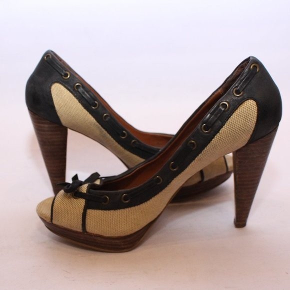 ZARA Peep Toe Canvas Pumps Heels Navy Cream Nautical Style Vintage Sz 37 US 6.5 - Picture 12 of 14